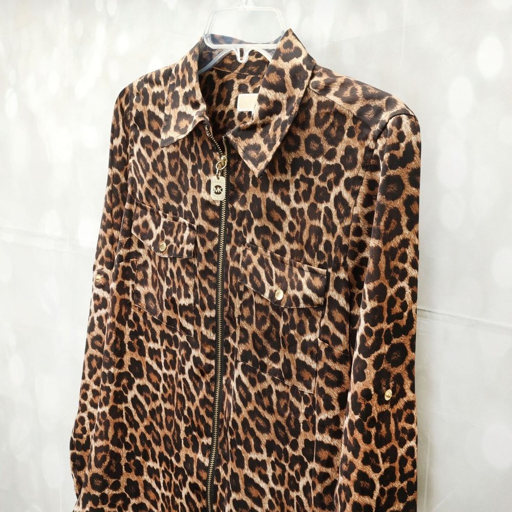 Michael Kors Women Leopard Print Blouse Top Size S Brown Black W/Roll Tab Sleeve